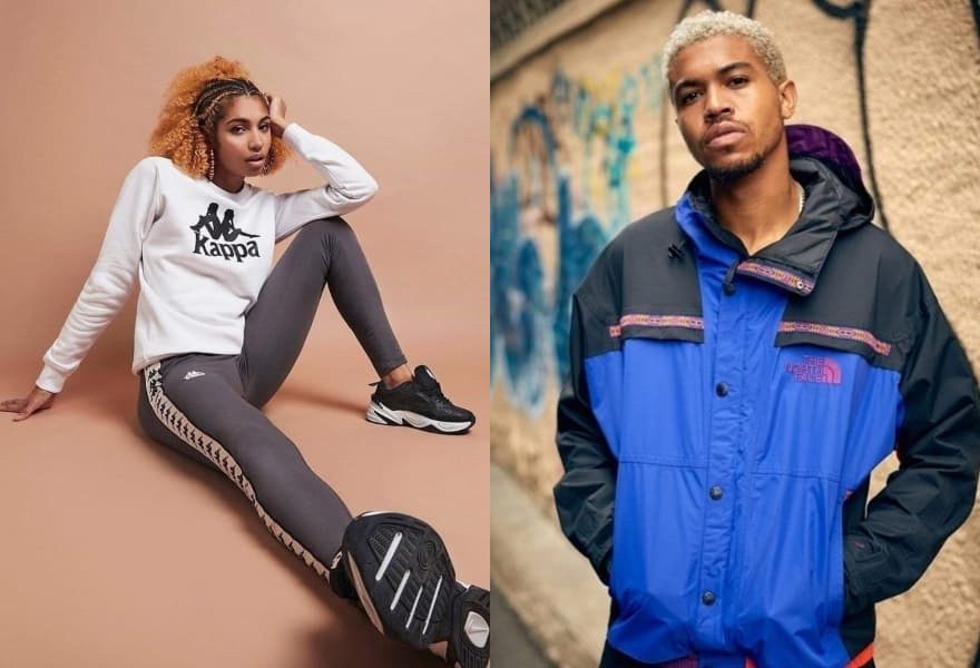 Kuvassa mies The North Face -vaatteissa ja nainen Kappa-asussa