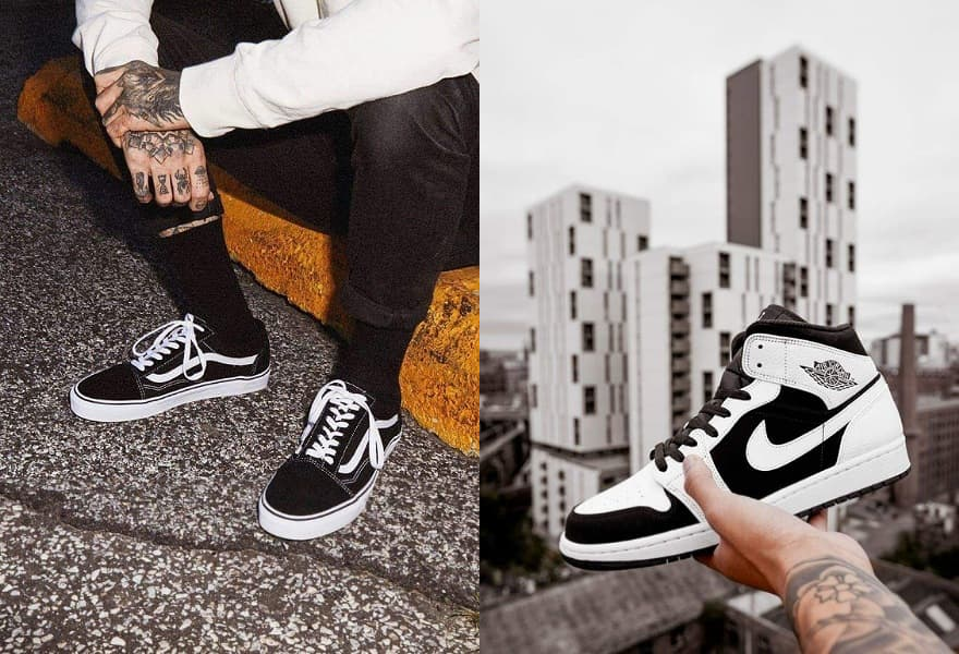 Kuvassa Vans Old Skool ja Jordan Air 1 Mid